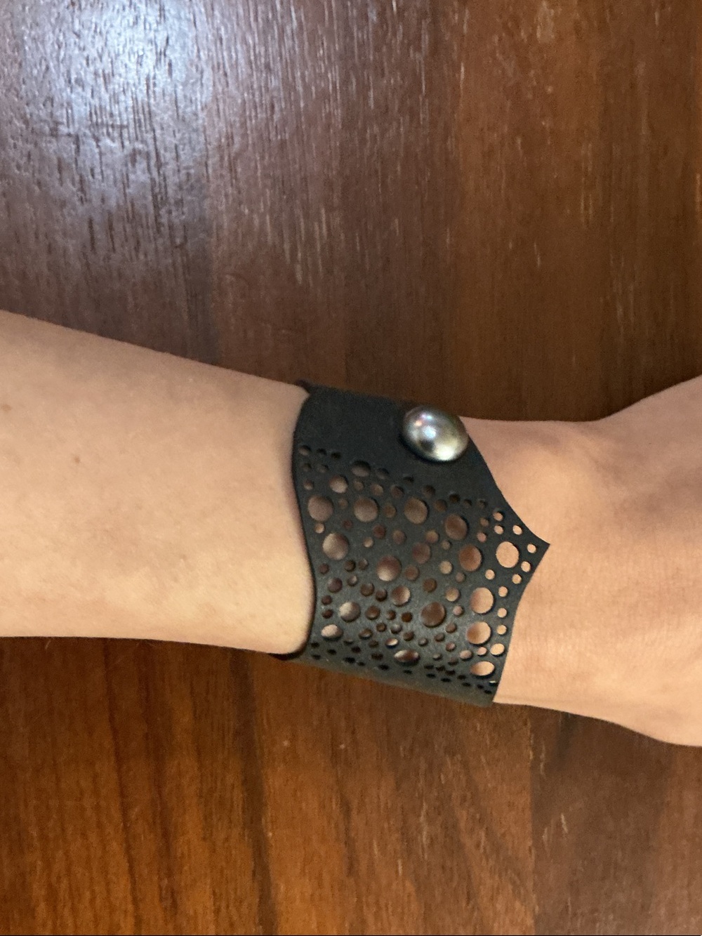 Artisan Made Black Vegan Leather Cutout Leather Bracelet with Silver Accent